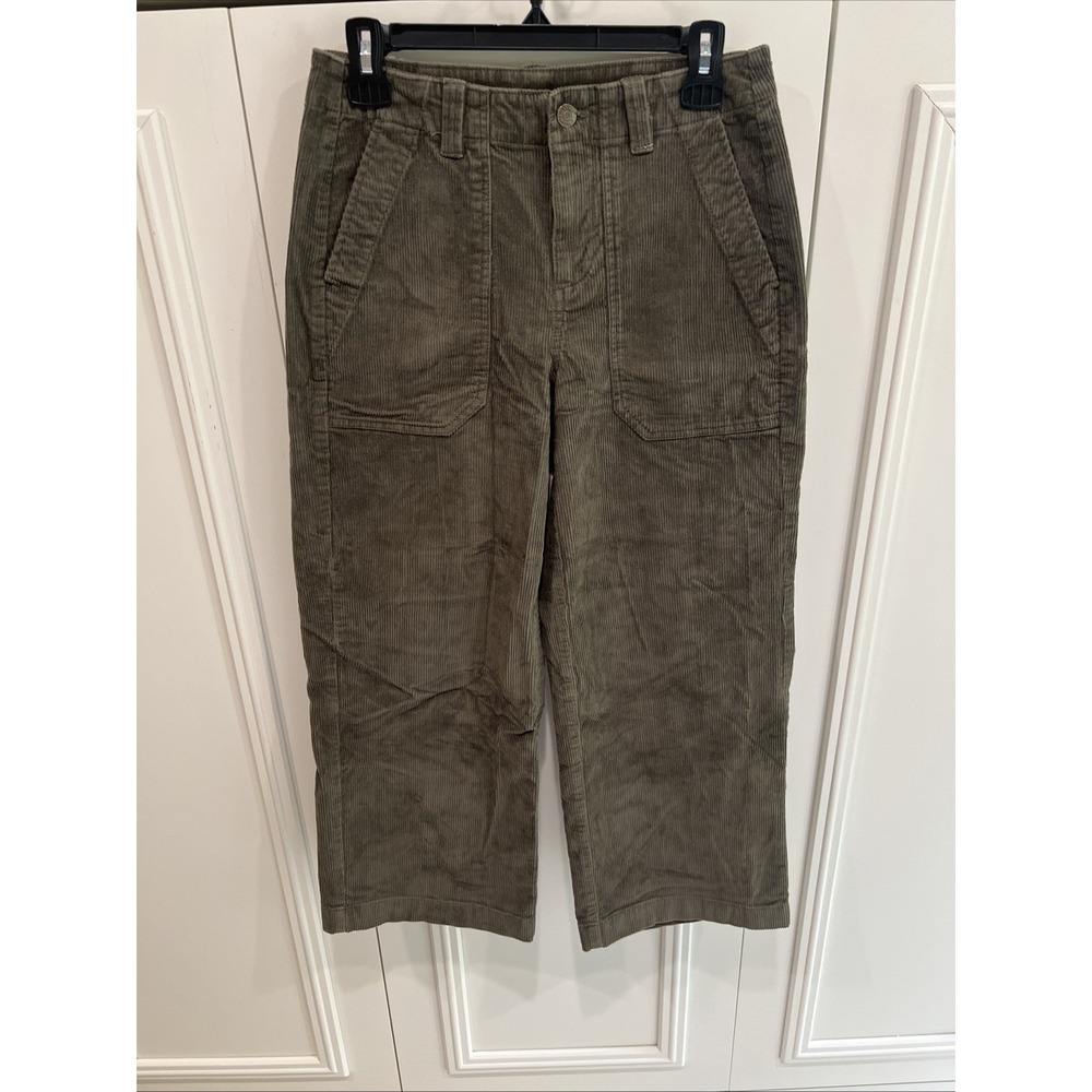LL Bean 207 Vintage Corduroy Pants High Rise Wide‎ Leg Size 4P Olive Green Boho
